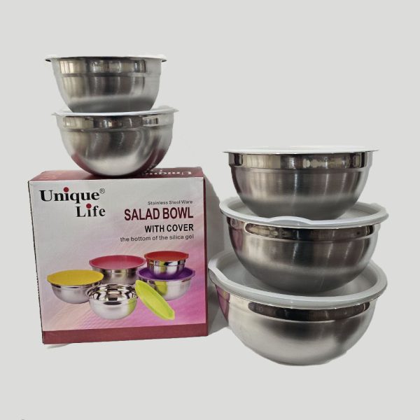 کاسه استیل 5 تیکه درب دار درب سفید برند یونیک حک شده ضد زنگ و سیاه شدن - Image 2