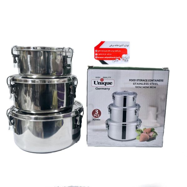 ظرف غذای استیل سه تیکه برند یونیک درب قفلی واشردار بدون ریختن ذره ای از مایعات - Image 1